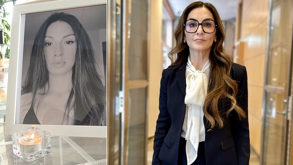 En delad bild som visar två sektioner: till vänster en inramad svartvit bild av en kvinna med långt hår, och till höger en kvinna klädd i en mörk kostym och vit skjorta, stående i en modern miljö med en glas- och träinredning.