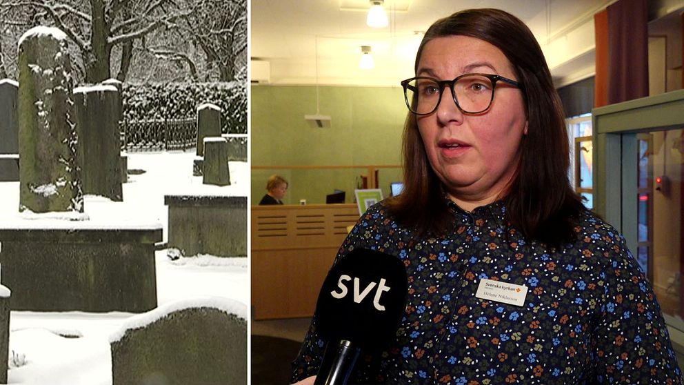 till vänster syns snötäckta gravstenar. Till höger står Helene Niklasson, chef för informationsservice hos Svenska kyrkan, iklädd en blommig blus, glasögon och brunt hår.
