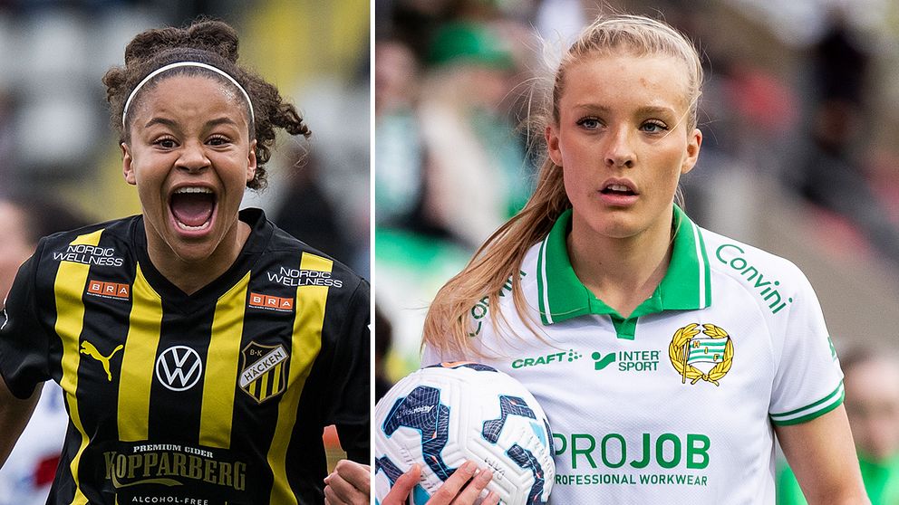 Delad bild. Vänster: spelare i gulsvart fotbollströja. Höger: spelare i vitgrön fotbollströja.