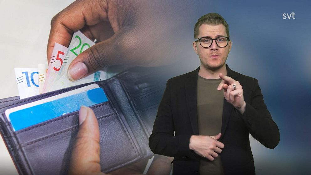 Magnus tecknar ”kronor” vid en bild på plånbok med pengar