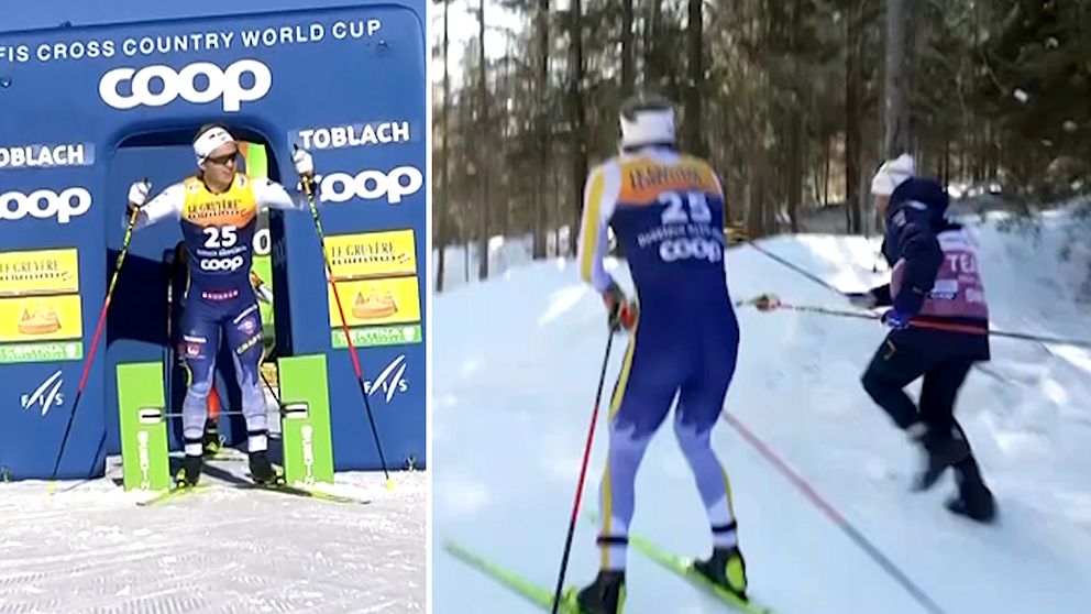 Bildens vänstra del visar en skidåkare vid startlinjen för FIS världscup i längdskidåkning, med nummer 25 på tröjan, omgiven av sponsormaterial. Den högra delen av bilden visar samma skidåkare under ett lopp i en snötäckta skog, samtidigt som en funktionär hjälper till med skidan.