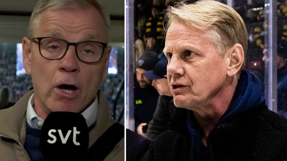 Tvådelad bild. Till vänster intervju i tv med SVT-mikrofon, till höger person vid hockeyrink.