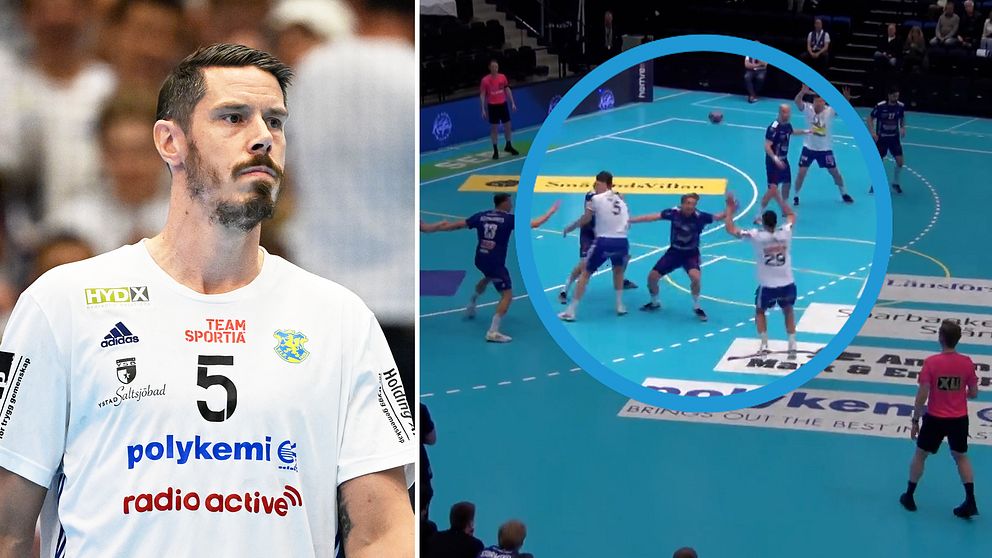 Tvådelad bild. Vänster: handbollsspelare i vit tröja. Höger: handbollsmatch, spelarna i aktion.