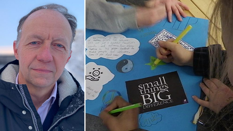 En man i jacka tittar in i kameran. Till höger elever i skolan.