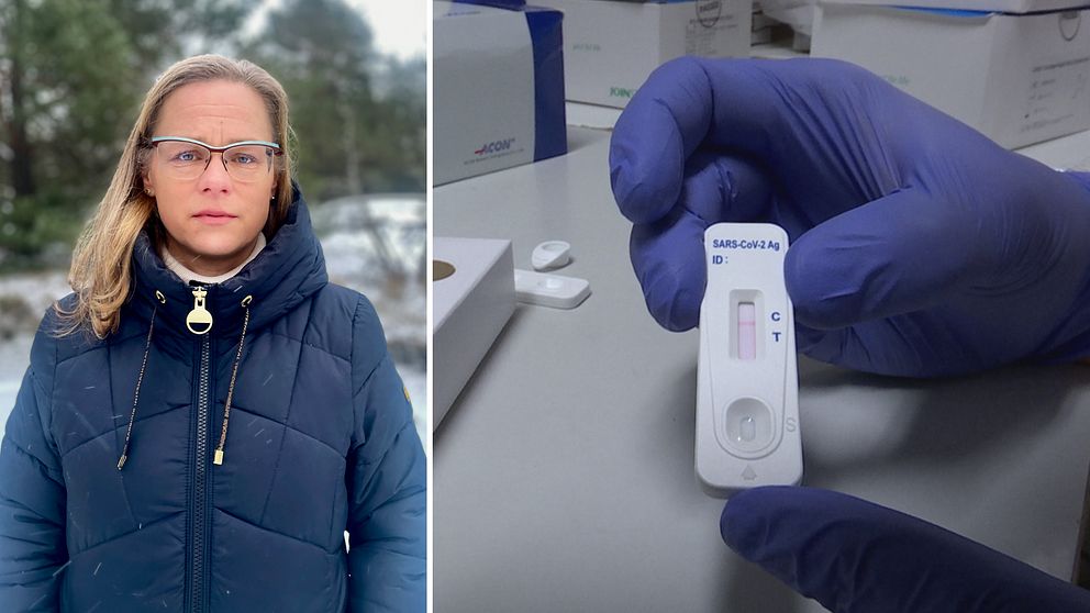 Vårddirektören Jessica Frisk. En hand håller i ett Covid-19-test.