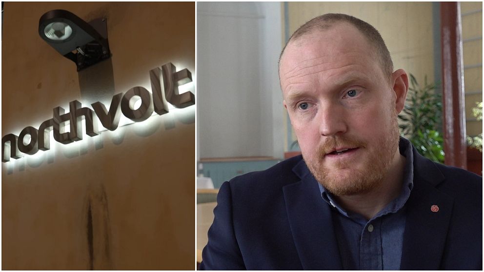 Tvådelad bild. Vänster: Northvolt-skylt. Höger: Östersunds kommunalråd, Niklas Daoson i kostym med blomma i bakgrunden.