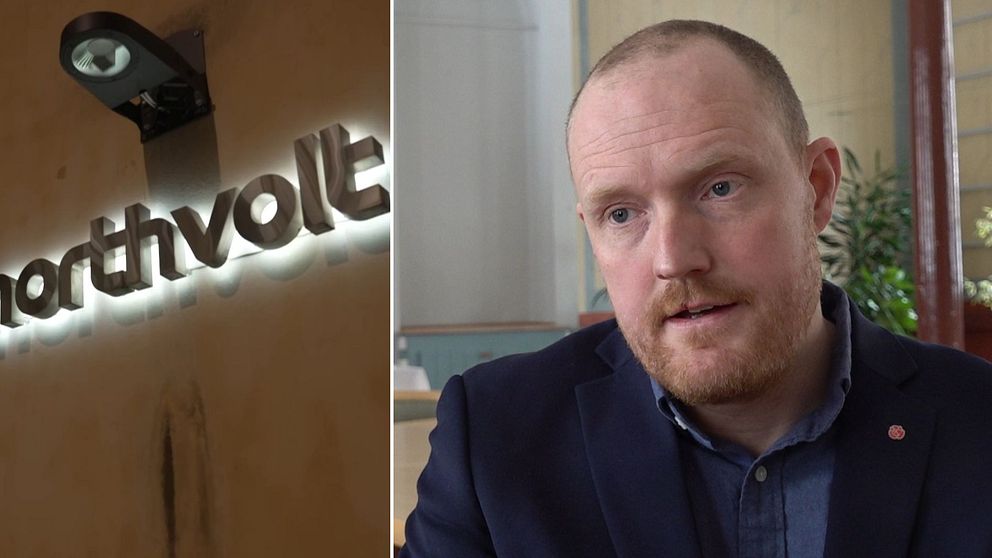 Tvådelad bild. Vänster: Northvolt-skylt. Höger: Östersunds kommunalråd, Niklas Daoson i kostym med blomma i bakgrunden.