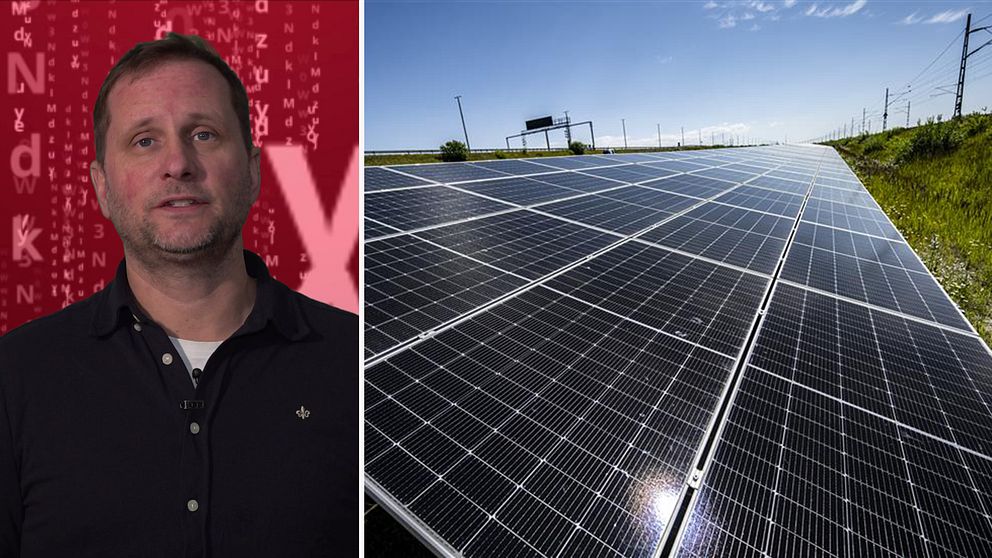 Den delade bilden visar till vänster en man med ansikte dolt mot en bakgrund med röda nyanser och text. Till höger syns en stor solcellsanläggning som sträcker sig över ett grönt fält under en klarblå himmel.