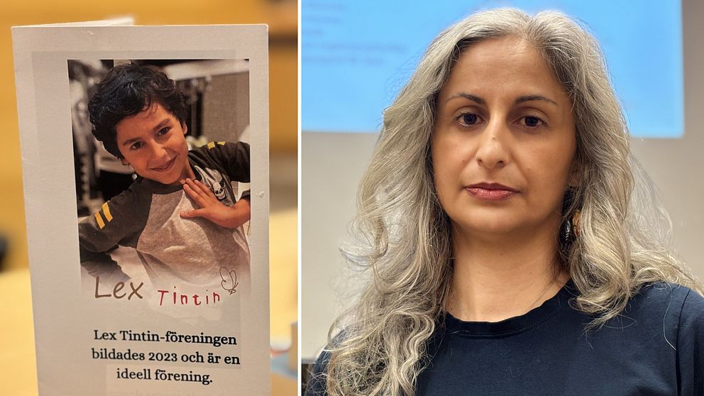 Delad bild. Vänster: informationsblad om Lex Tintin. Höger: person med långt, ljust hår.