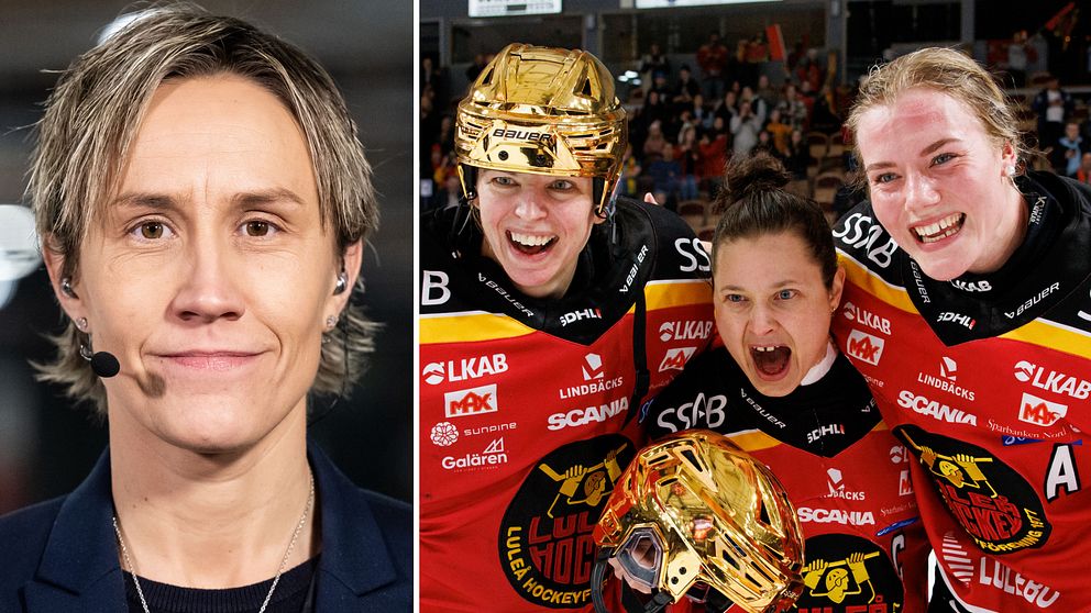 Maria Rooth och Luleåspelare som firar SM-guld.