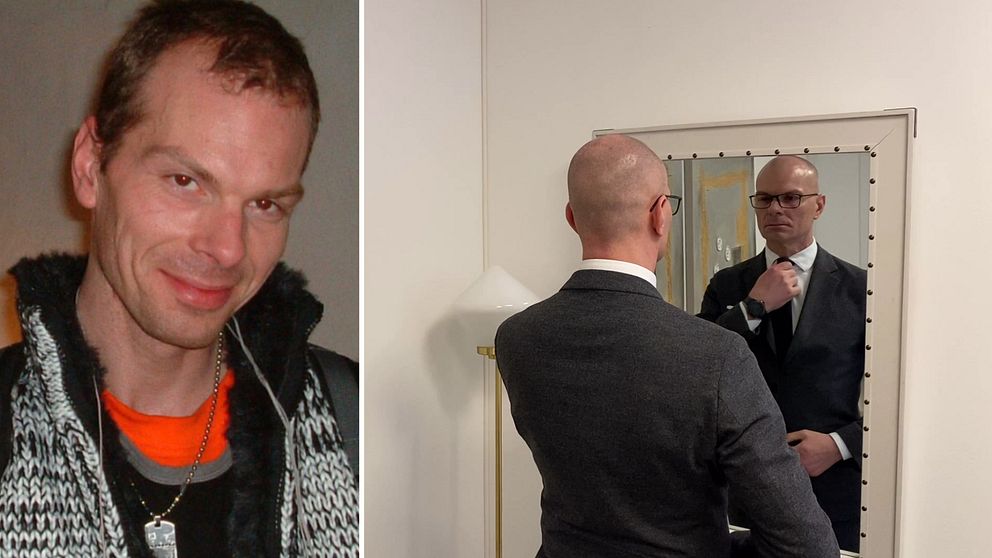 Delad bild. Stefan Olafsson på båda. Till vänster från hans tid som hemlös, till höger när han är advokat.