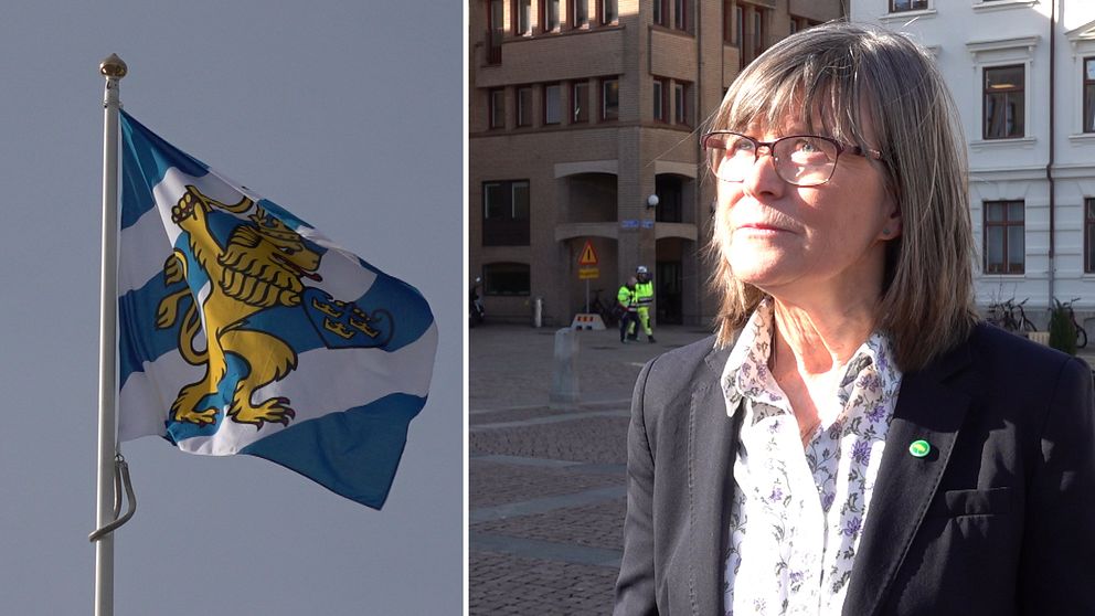 Tvådelad bild. Till vänster: en flagga med Göteborgs lejon. Till höger: en kvinna framför byggnader.