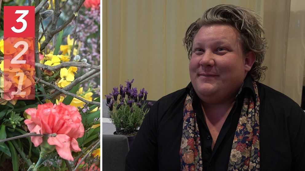 Splitbild med diverse blommor till vänster och Karl-Fredrik Gustafsson till höger