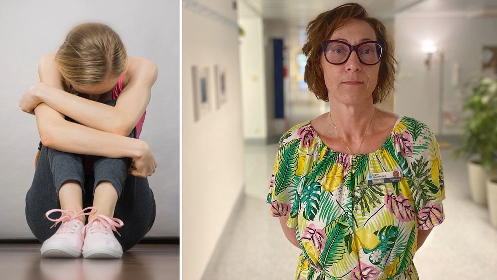En tjej sitter med armarna runt benen och ser uppgiven ut och till höger psykologen Angelica Jyttner på Sundsvalls sjukhus som pratar om ungas ohälsa