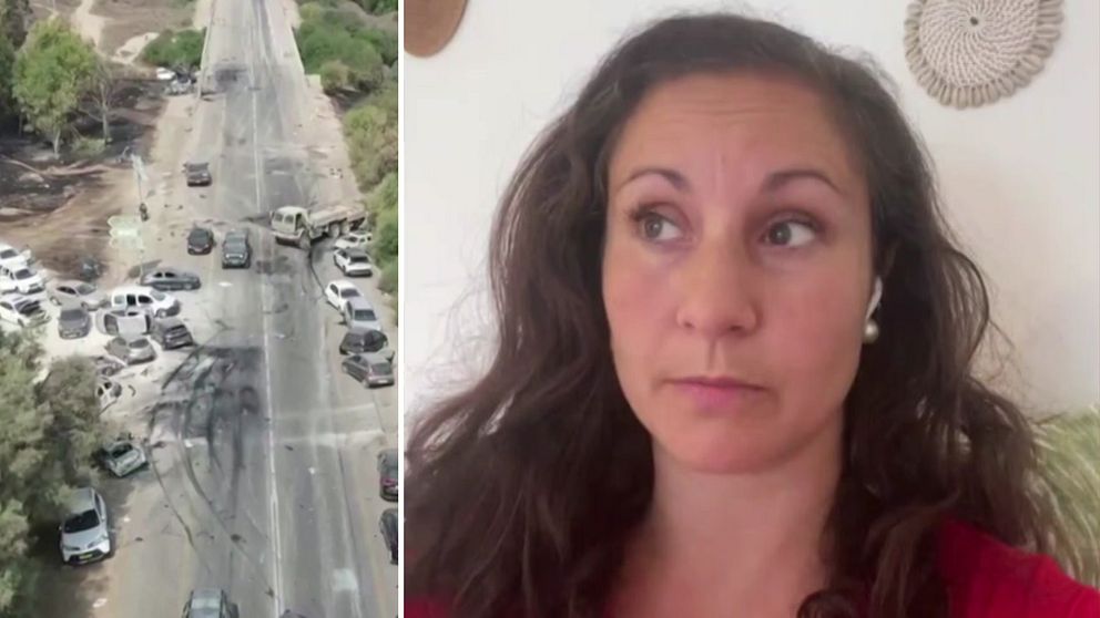Drönarbild på bilvrak efter attacken mot en rejvfest i södra Israel. Gabriella Rudström från Kungsbacka intervjuas från Israel.