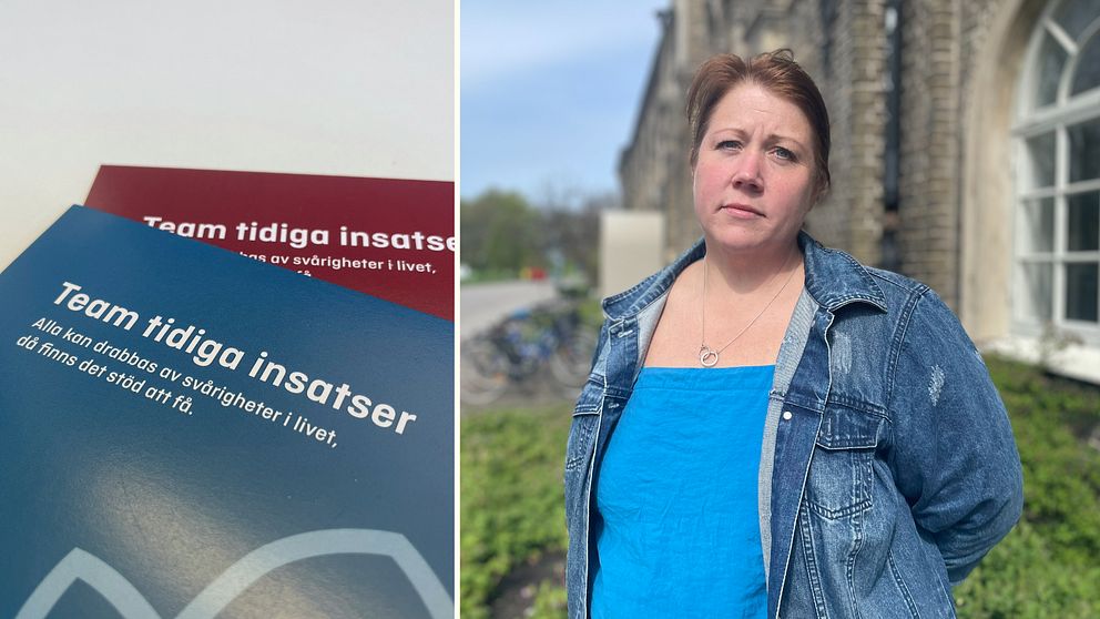 Broschyrer som informerar om Team tidiga insatser i Landskrona samt Erika Olofsson, som arbetar med att förbygga självmord i staden.