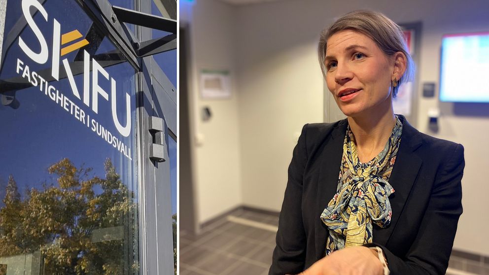 En delad bild som visar två sektioner. Den vänstra sektionen visar en skylt med texten ”SKIFU FASTIGHETER I SUNDSVALL” mot en bakgrund av träd. Den högra sektionen visar en person som står inomhus och gestikulerar, iförd en mörk kavaj och en färgglad scarf.
