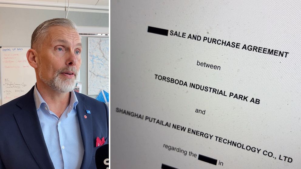 Till vänster: Stefan Dalin (S) kommunråd i Timrå kommun om offentliggörandet av avtalet med PTL, till höger: första sidan av avtalet mellan Torsboda Industrial Park AB och PTL