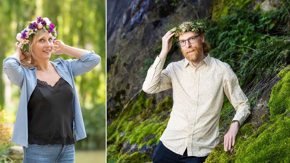 Sofi Jeannin i somrig miljö med blomkrans i håret, till höger Jens Bergensten i bergsmiljö med krans runt huvudet.