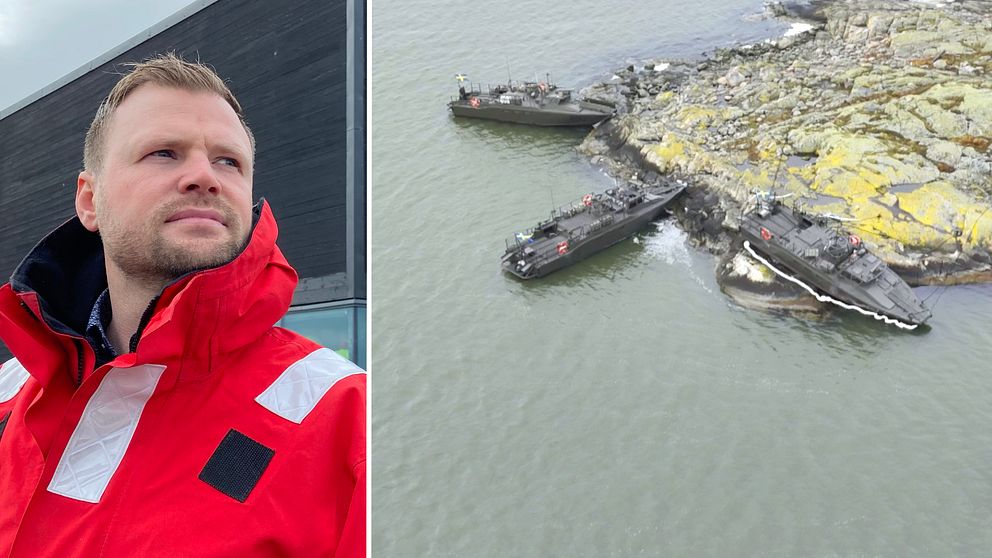Tvådelad bild. Vänster: Person i röd jacka. Höger: Fyr på klippa med skeppsvrak runtom.