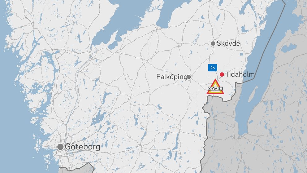karta som visar vad trafikolyckan inträffade, söder om Tidaholm.