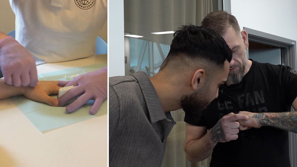 Bilden är delad i två sektioner. I den vänstra sektionen syns en hand som hålls av en person med skyddshandskar. I den högra sektionen lutar en man sig fram mot en annan man och visar något på den senare mannens hand, vilket indikerar en diskussion eller demonstration av något intressant.