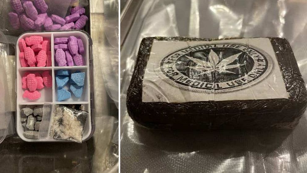 Färgglada tabletter och ett brunt paket vars innehåll misstänks vara narkotika.