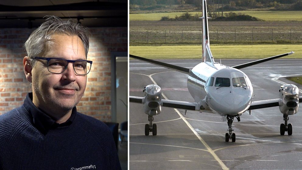 Henrik Svensson, vd för Brommaflyg, samt ett flygplan på landningsbanan.