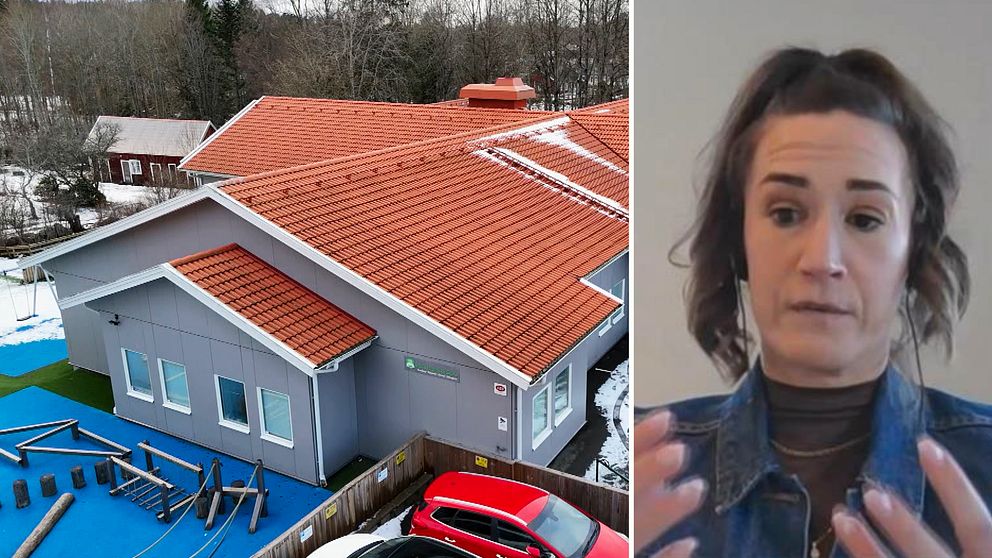 Tvådelad bild. Vänster: takvy över grå byggnad med rött tak. Höger: En kvinna som gestikulerar.