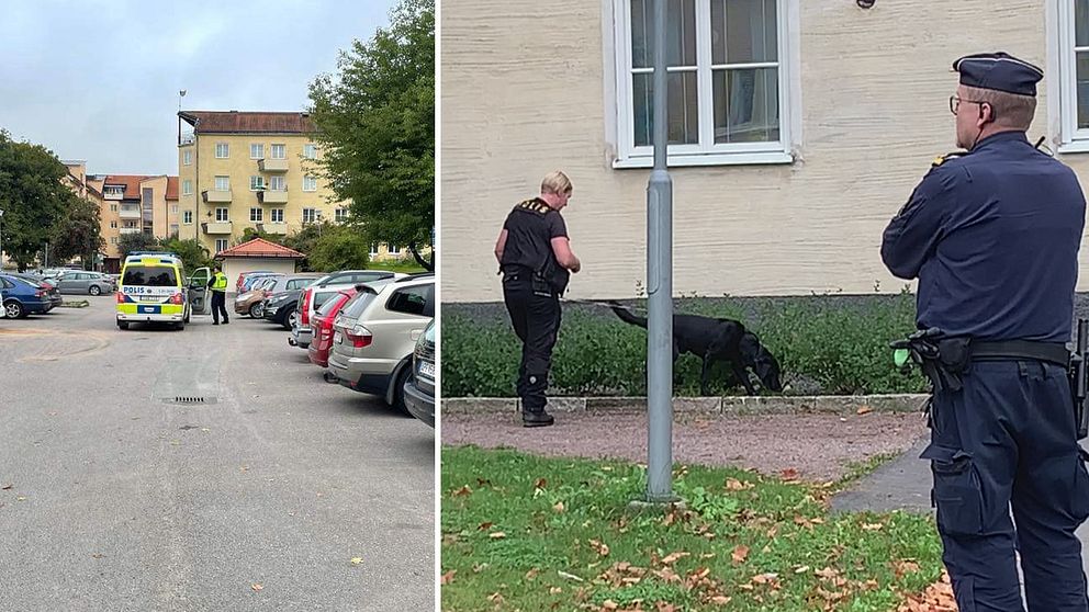 Avspärrningar i Sala backe och bilder på poliser som undersöker.