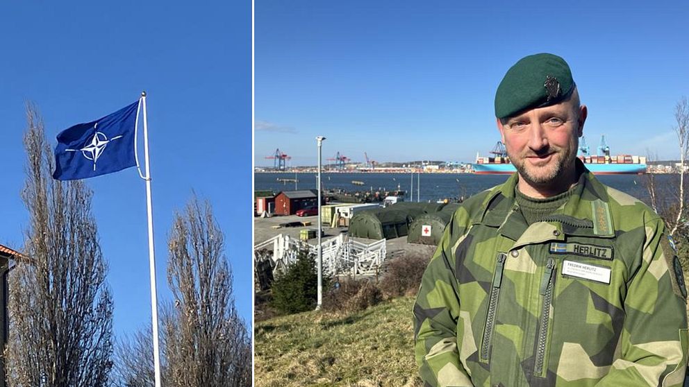 Natoflagga och överste Fredrik Herlitz i uniform