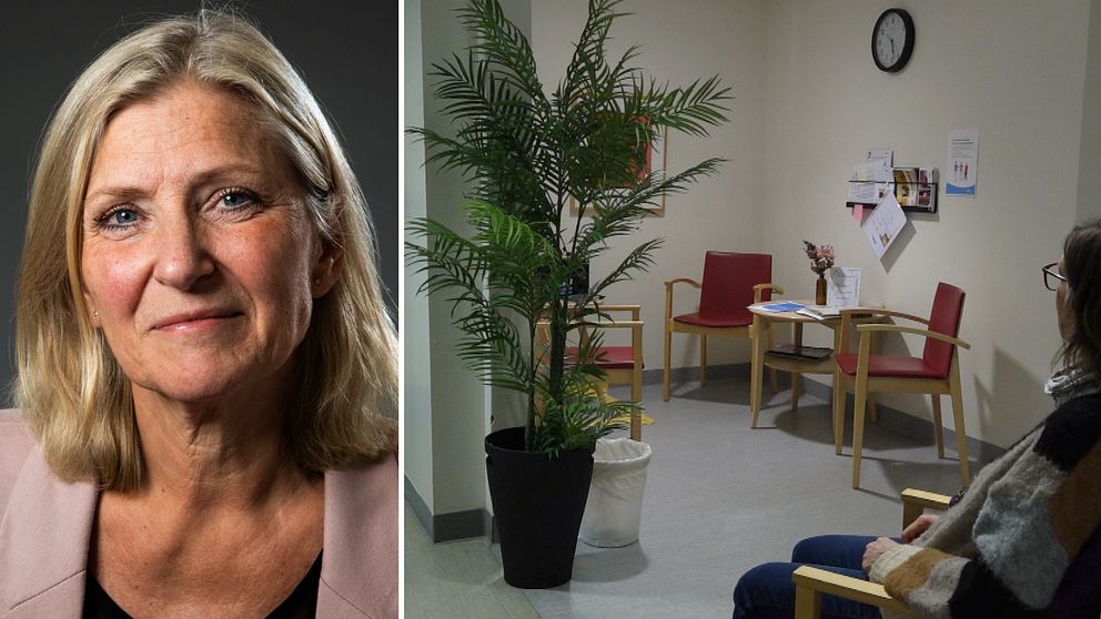 birgitta friberg tittar in i kameran, väntrum med en person i.