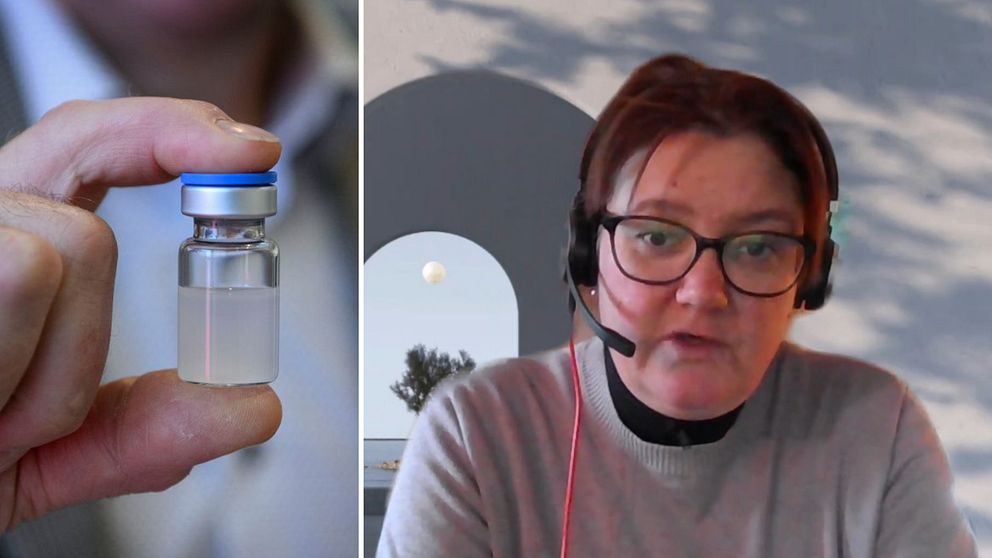 Till vänster en behållare med en dos vaccin som hålls mellan tummen och pekfingret och till höger en porträttbild på vaccinsamordnaren Malin Plantin Sjöblom i region Västernorrland