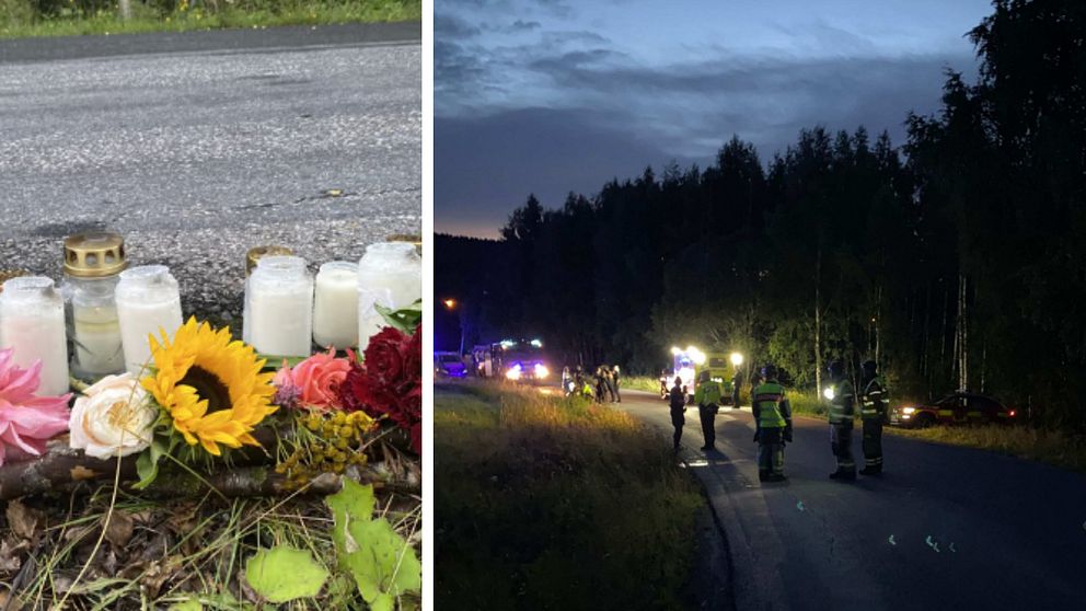 Delad bild med blommor till vänster och poliser vid olycksplatsen i mörker.