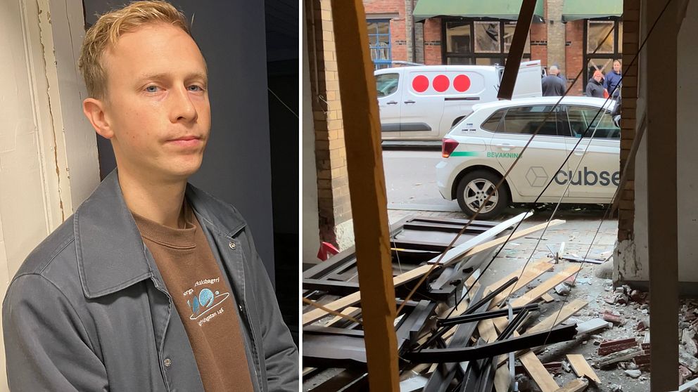 En delad bild med två sektioner. Den vänstra sektionen visar en person som står i en dörröppning, iklädd en grå jacka och t-shirt med tryck. Den högra sektionen visar en skadad byggnad där brädor och skräp ligger utspridda på golvet, samtidigt som en bil med logotypen ”Cubsec” är parkerad utanför.