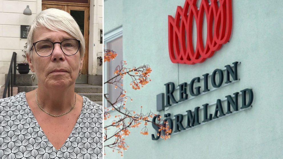 Tvådelad bild. Oppositionsregionrådet Monica Johansson (S). Bild på Region Sörmlands logga.