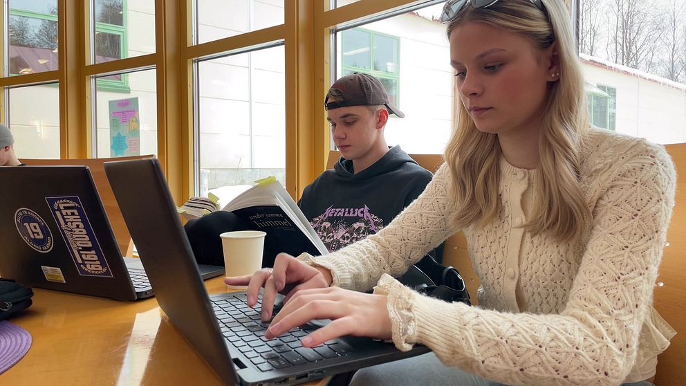 Två unga personer vid var sin dator i skolmiljö