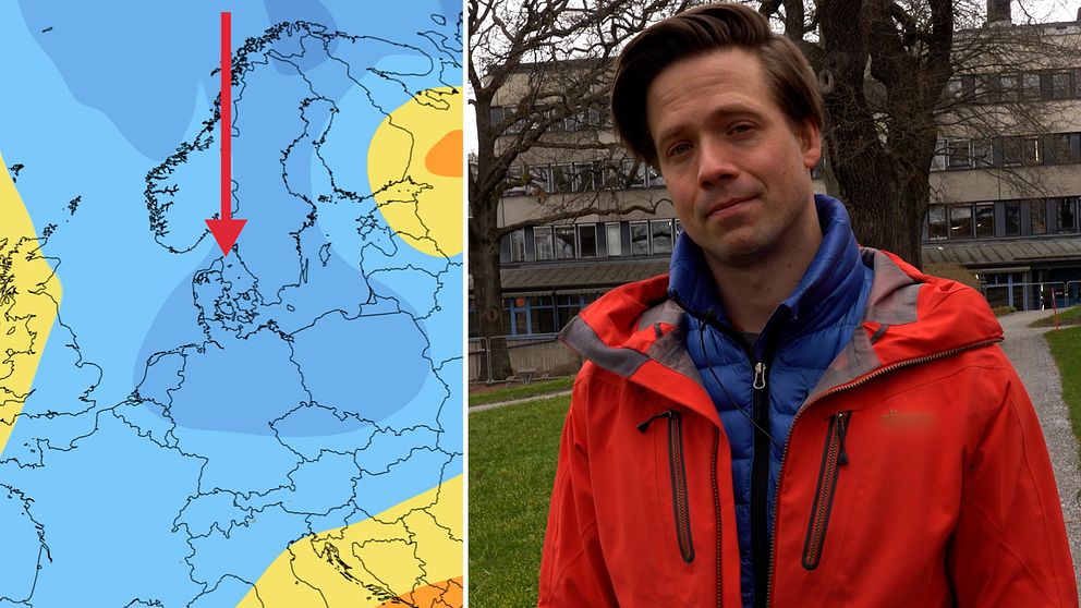 Delad bild, en Sverigekarta till vänster och man i röd jack till höger.