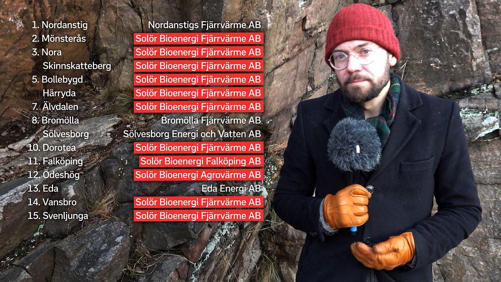 SVT:s reporter Per-Olof Stjärnered framför bergsvägg med grafik.