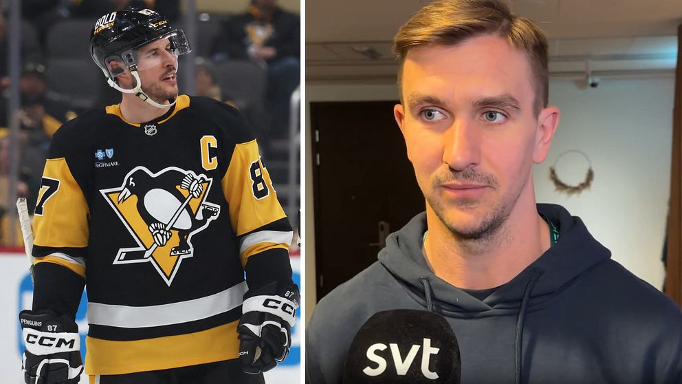 Sidney Crosby (till vänster) och Mikael Backlund.