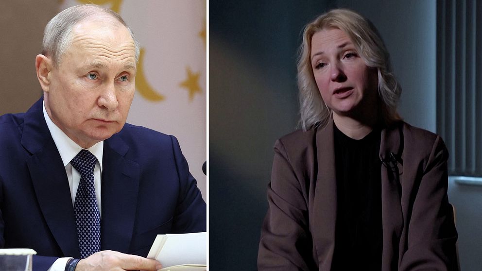 Splitbild med Putin till vänster och hans osannolika utmanare Jekaterina Duntsova till höger.