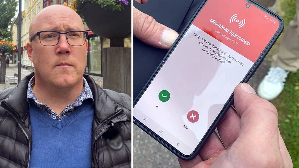Tvådelad bild med porträtt av man med glasögon och blå tröja, Peter Johansson och en närbild av en mobiltelefon med appen som används för livräddning.