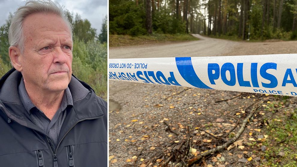 Bildens vänstra del visar en person som står i en skogsmiljö, iförd en svart jacka. Höger del av bilden visar en väg in i skogen, avskilt av ett blått och vitt polisband som markerar ett avspärrat område. Området kännetecknas av höga träd och en stenig väg.