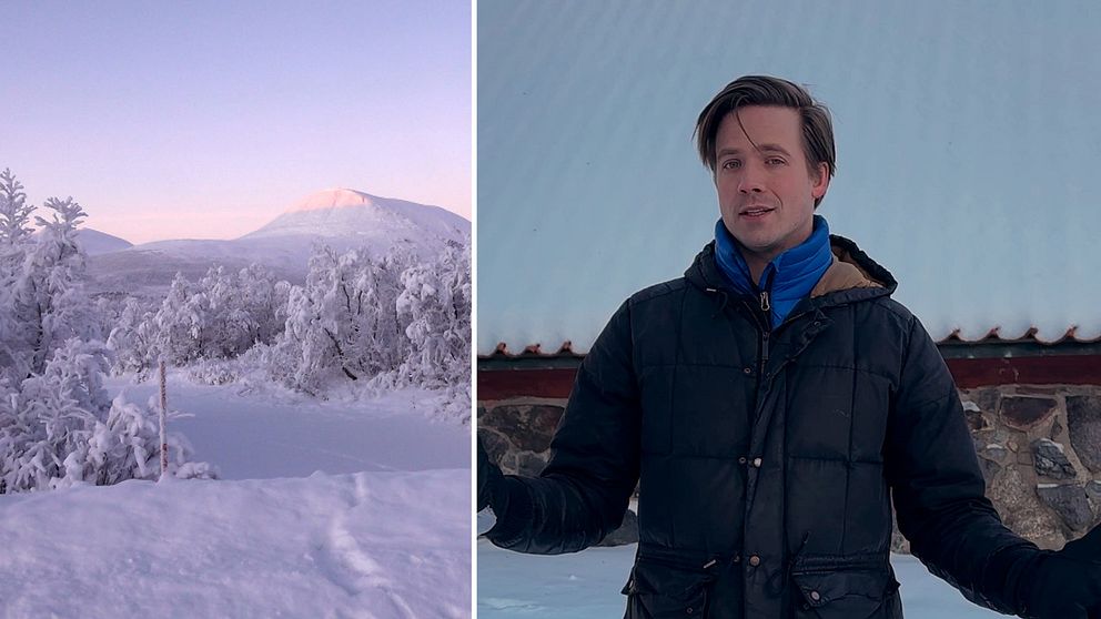 Snöiga berg till vänster och SVT meteorolog Nils till höger