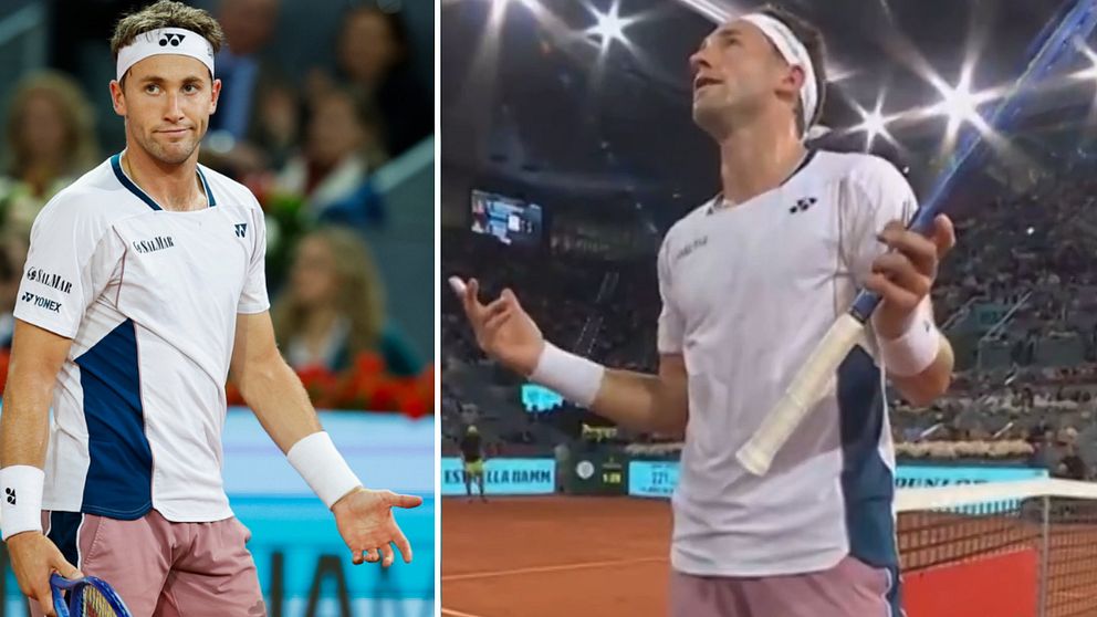 Delad bild. Till vänster: tennisspelare gestikulerar. Till höger: samma spelare på tennisbana.