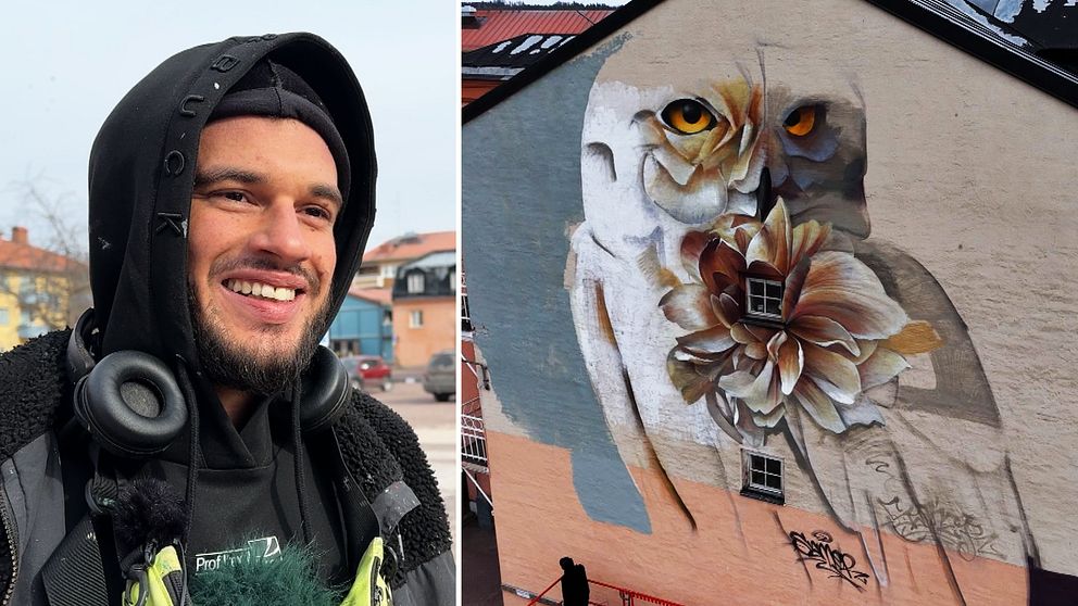 Delad bild. Vänster: Konstnären Curtis Hylton i hoodie med hörlurar. Höger: Ugglemålning på husfasad.