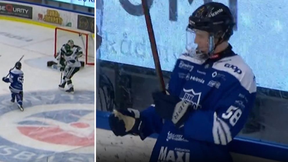 Delad bild: Till vänster syns två ishockeyspelare i ett pågående spelmoment där en målvakt i grönt skyddar målet. Till höger står en ishockeyspelare i blå tröja med nummer 58 vid sargen, utrustad med hjälm och klubba.