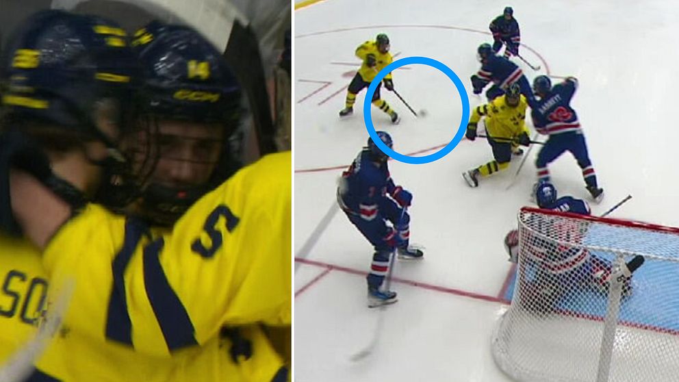 Delad bild. Vänster: svensk hockeyspelare firar. Höger: målchans vid USA:s mål.