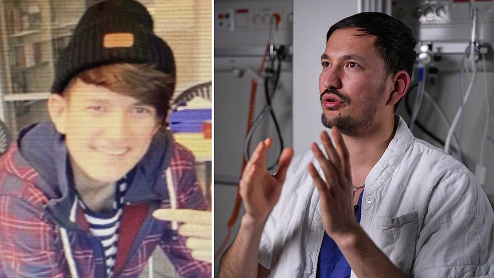 Alireaz när han kom som barn 2015 till vänster, och till höga idag som undersköterska.