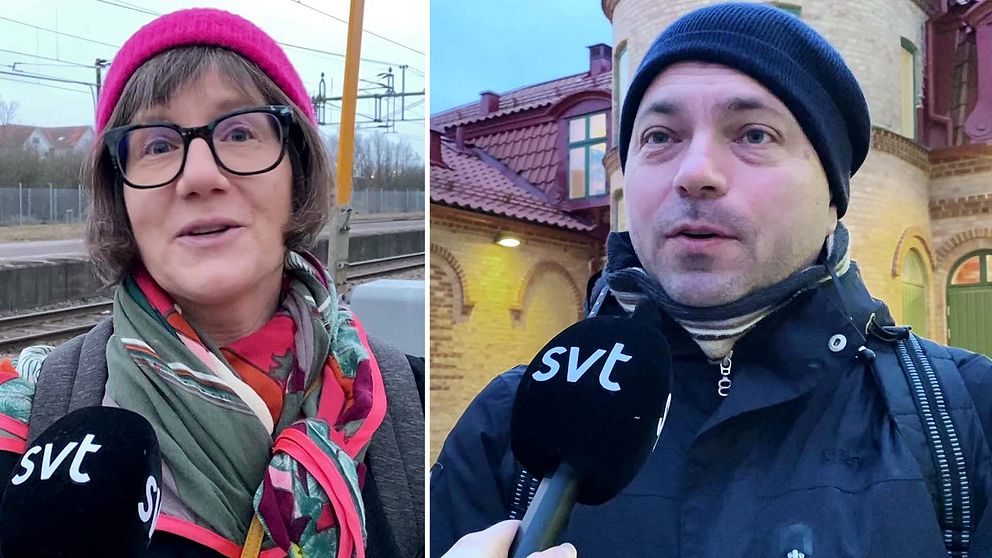 Resenärer på Halmstad centralstation svarar i SVT:s mikrofon.